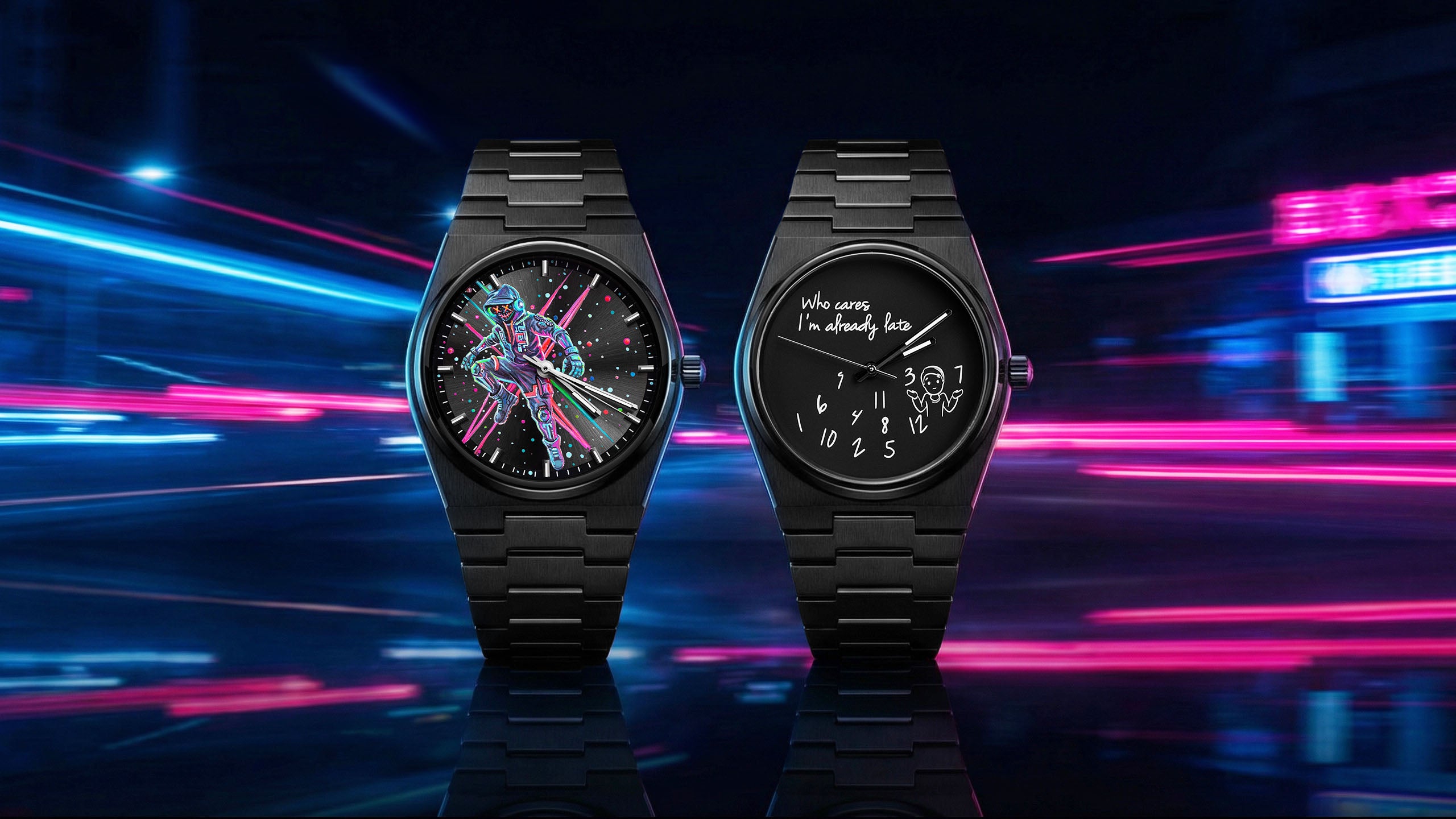 IFL Watches Canvax MK-01 - Hand-painted bespoke timepiece featuring neon steampunk soldier artwork on black matte case