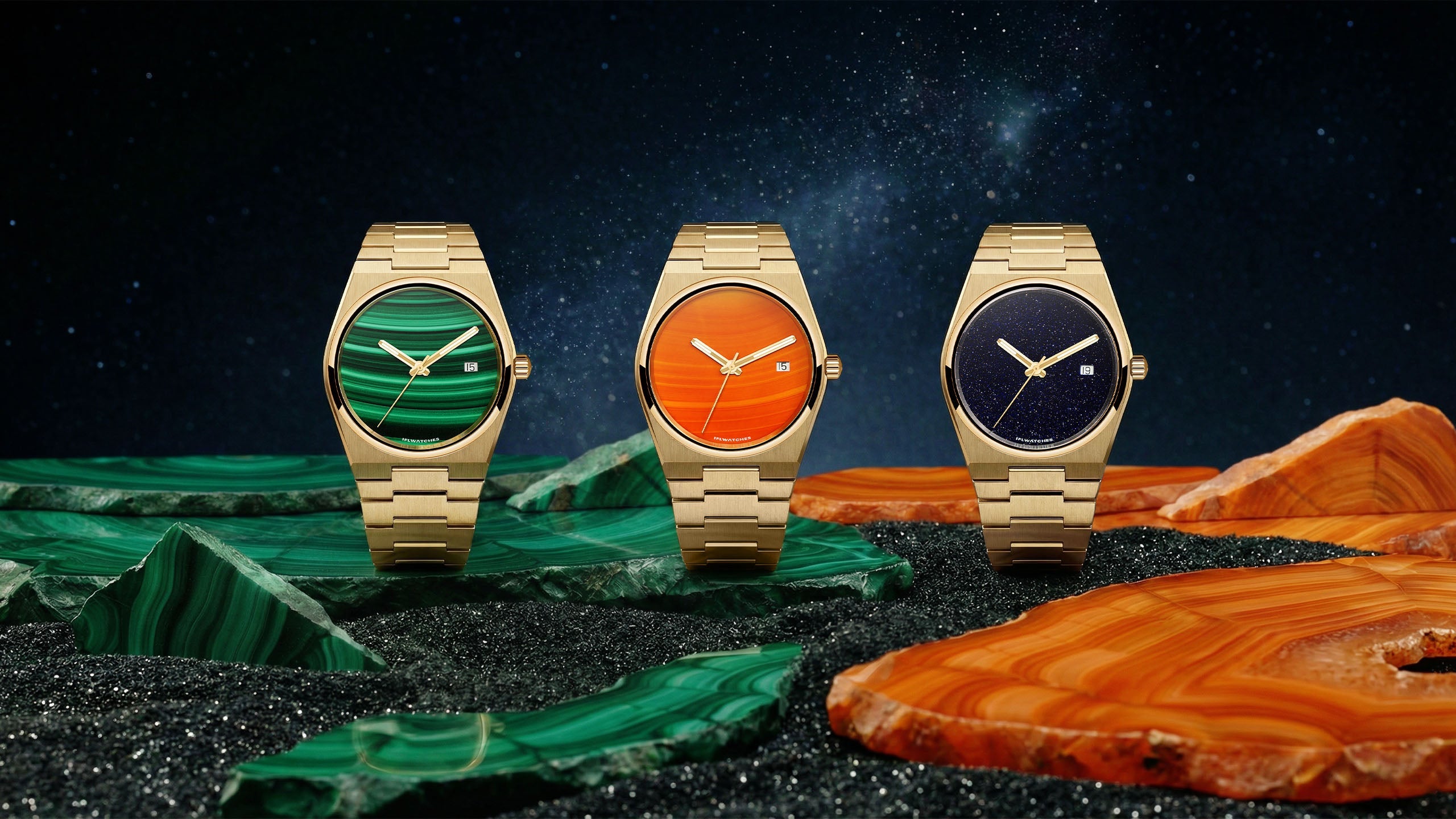 Gemstone Timepieces collection – Natural stone dial watches featuring aventurine, malachite, onyx, and red agate by IFL Watches