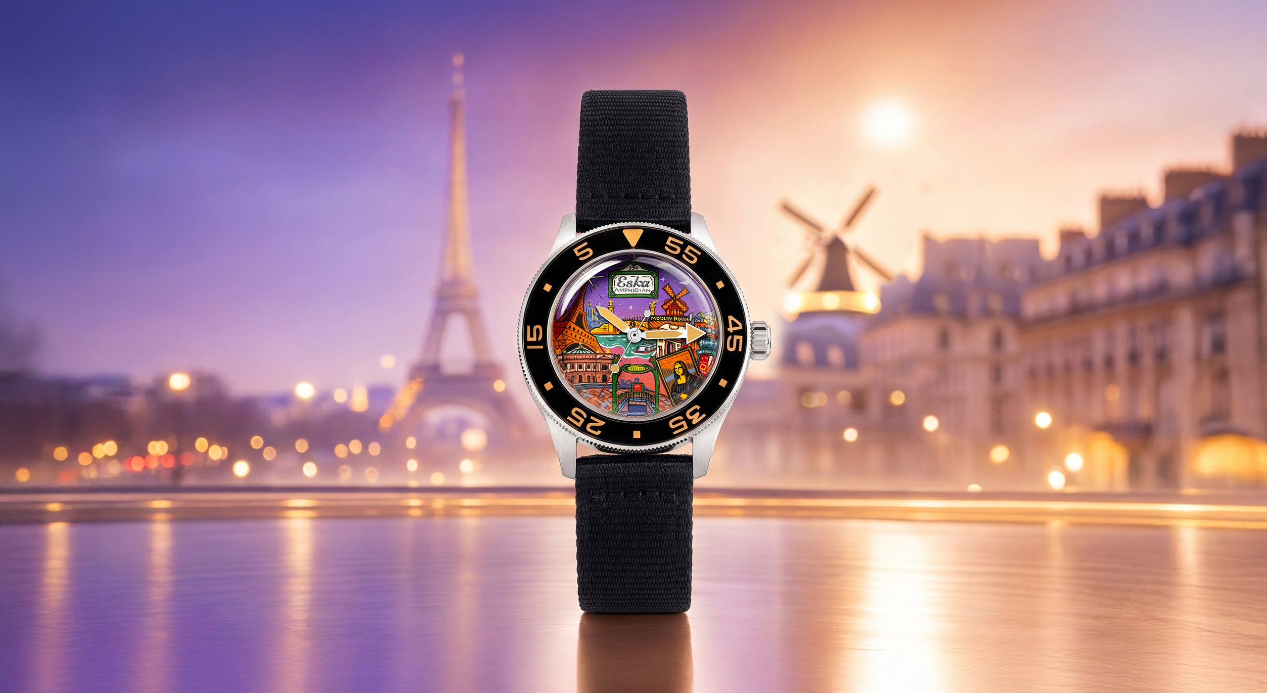ESKA Amphibian Cœur de Paris — Hand-painted cityscape of the French capital with the Seine, Eiffel Tower and Sacré-Cœur beneath a violet-to-rose evening sky, official collaboration limited edition timepiece by IFL Watches.