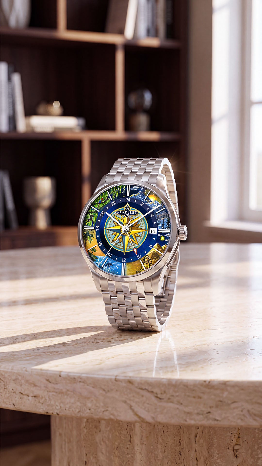 Perrelet Weekend GMT Atlas — hand-painted compass dial on a desktop launch banner for the IFL Watches homepage, limited edition timepiece by IFL Watches.