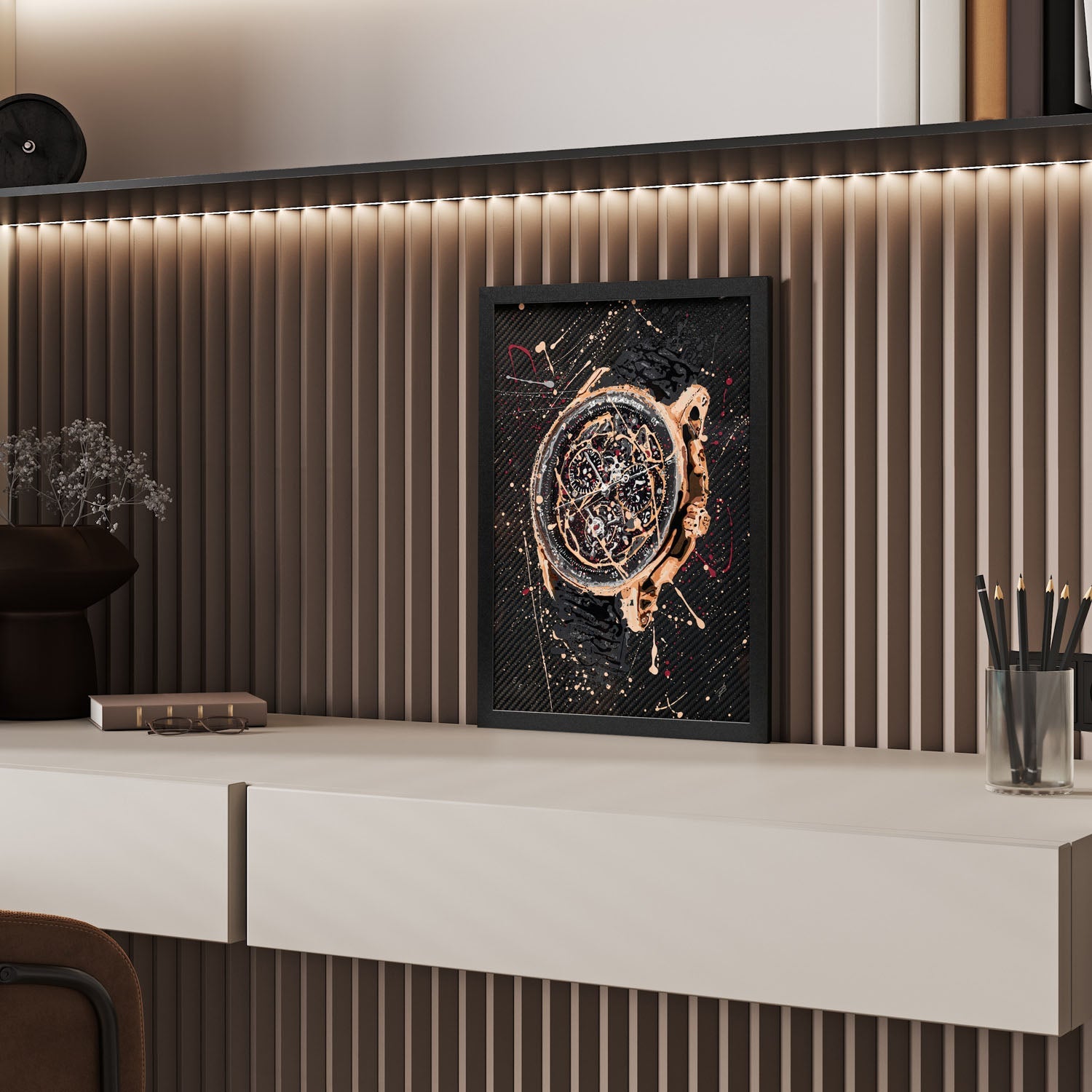 AP Code 1159 – A hand-painted carbon fibre wall art by artist Katy Barnfield.