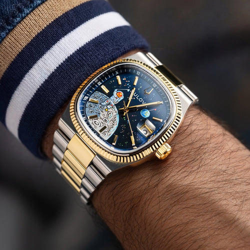 Bulova Super Seville Space Golfer — Hand-painted custom Bulova Super Seville Precisionist featuring an astronaut mid-swing on the lunar surface with vivid paint splatters against a deep blue starfield, a bespoke timepiece by IFL Watches
