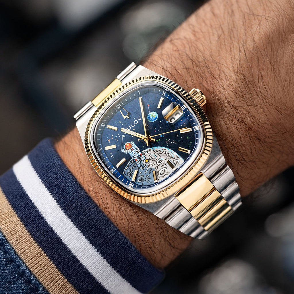 Bulova Super Seville Space Golfer — Hand-painted custom Bulova Super Seville Precisionist featuring an astronaut mid-swing on the lunar surface with vivid paint splatters against a deep blue starfield, a bespoke timepiece by IFL Watches