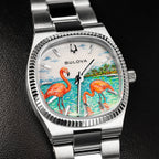 Bulova Super Seville Mini Havana — Close detail of coral feathers, rippling turquoise water and distant palms beneath the Bulova wordmark, hand-painted on a bespoke timepiece by IFL Watches.