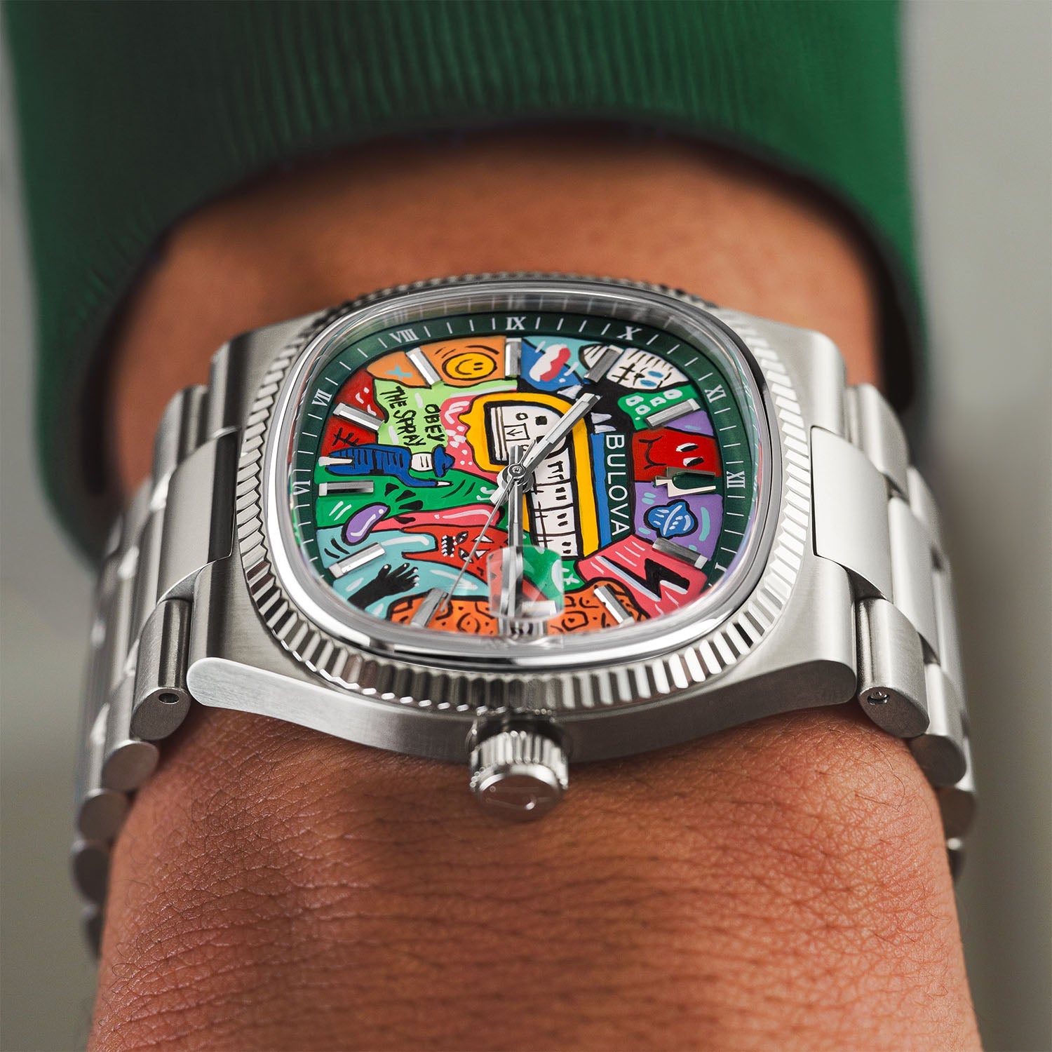 Bulova Super Seville Mural Verde – Hand-painted custom Bulova Super Seville featuring NYC street art on green dial, a bespoke timepiece by IFL Watches