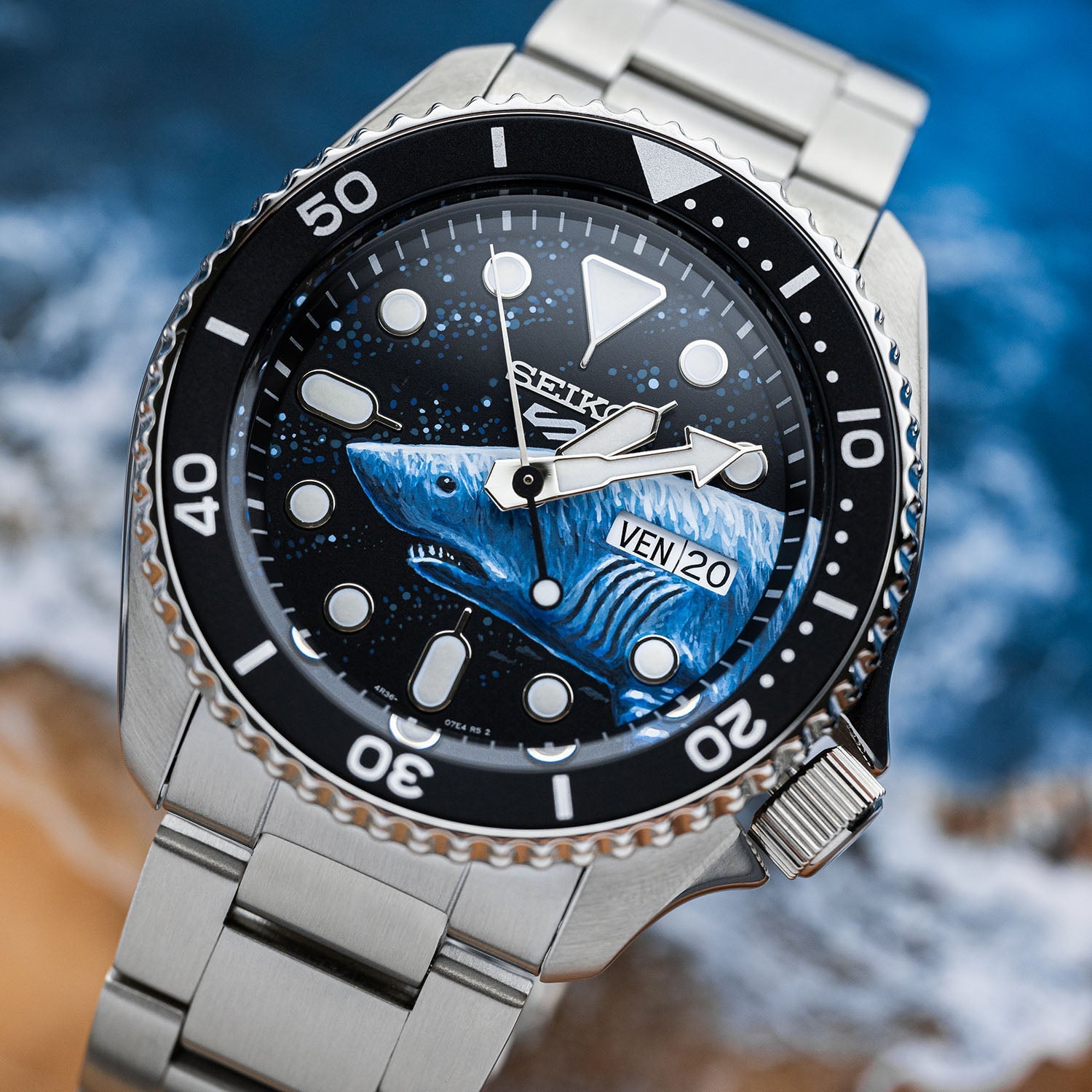 Deep Ocean Predator Concept by IFL Watches – Hand-painted shark-themed dial on the custom Seiko 5 Sports