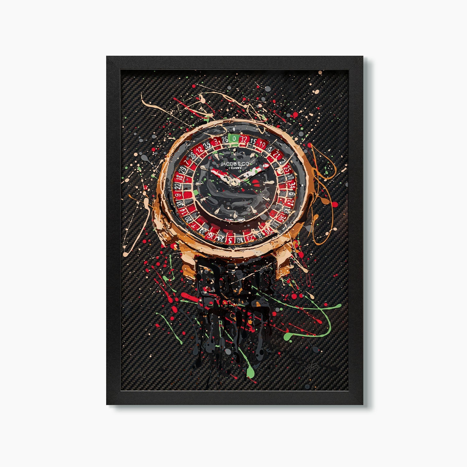 Jacob & Co Casino Roulette – A hand-painted carbon fibre wall art by artist Katy Barnfield.