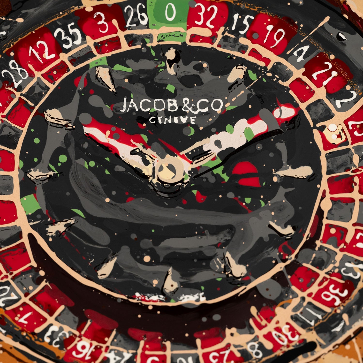 Jacob & Co Casino Roulette – A hand-painted carbon fibre wall art by artist Katy Barnfield.