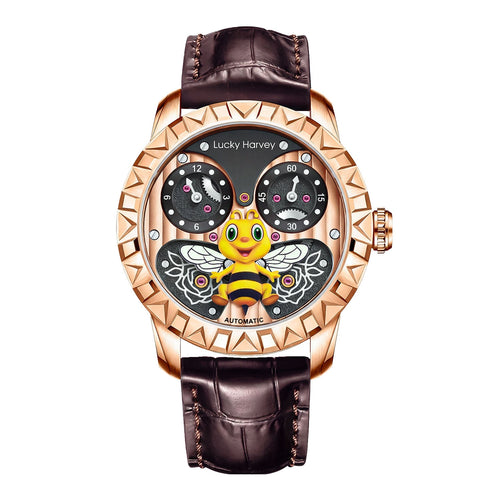 Lucky Harvey Honey Bee Rose Gold — Front view of the sculpted honey bee between two sub-dials, 43mm rose gold-tone case with spiked bezel on brown leather strap, available at IFL Watches.
