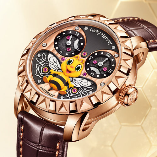 Lucky Harvey Honey Bee Rose Gold — Close angled view of the sculpted bee, engraved flowers and sub-dials, available at IFL Watches.