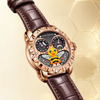 Lucky Harvey Honey Bee Rose Gold — Angled view on the brown leather strap, available at IFL Watches.