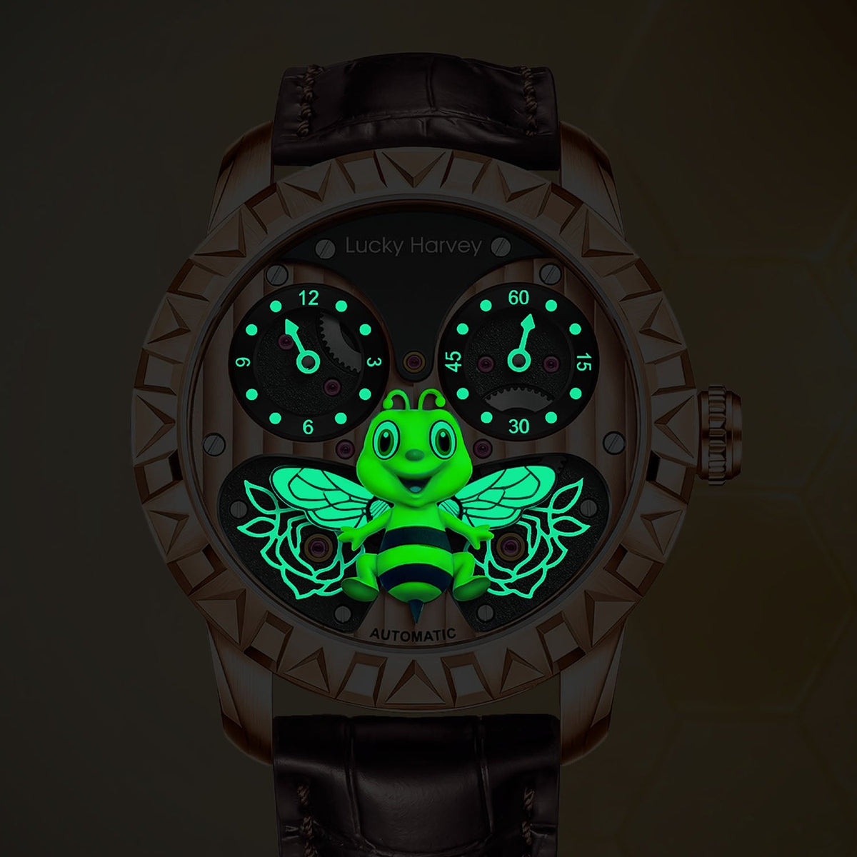 Lucky Harvey Honey Bee Rose Gold — In the dark, showing the luminous bee, flowers and markers, available at IFL Watches.