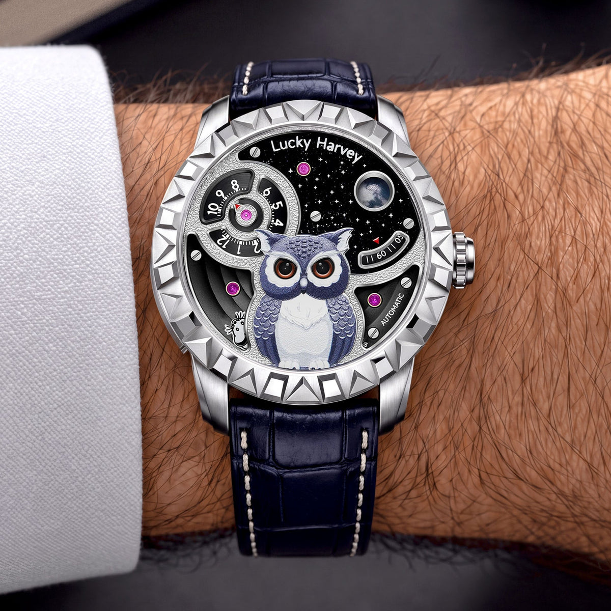 Lucky Harvey Owl Silver — Worn on wrist, front view of the night-sky owl dial, available at IFL Watches.