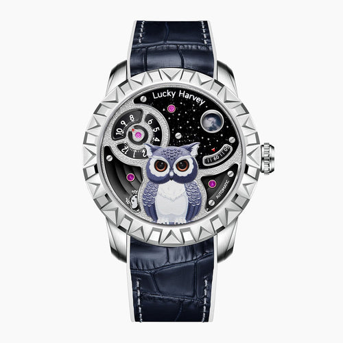 Lucky Harvey Owl Silver — Front view of the sculpted owl on a starry night-sky dial with moon, 43mm steel case with spiked bezel on navy leather strap, available at IFL Watches.