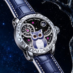 Lucky Harvey Owl Silver — Angled view on the navy leather strap, available at IFL Watches.