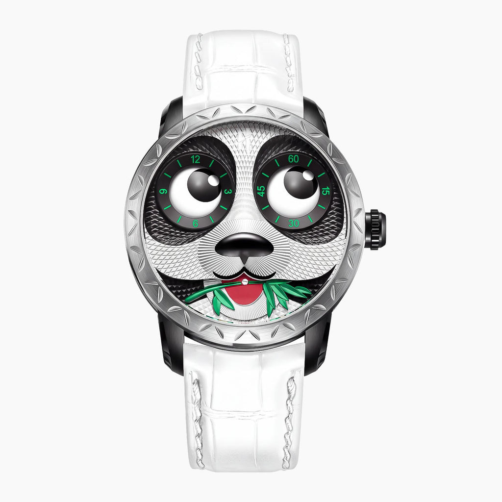 Lucky Harvey Panda White — Front view of the panda face with bamboo in its mouth, its eyes showing the hours and minutes, 40mm steel case on white leather strap, available at IFL Watches.