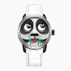 Lucky Harvey Panda White — Front view of the panda face with bamboo in its mouth, its eyes showing the hours and minutes, 40mm steel case on white leather strap, available at IFL Watches.