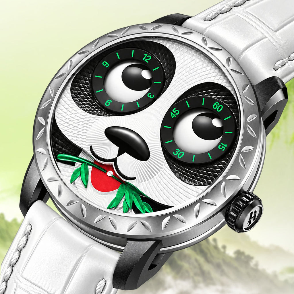 Lucky Harvey Panda White — Close angled view of the sculpted panda face and bamboo leaves, available at IFL Watches.