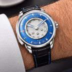 Lucky Harvey Sic Bo Blue — Worn on wrist at an angle, showing the dice button, available at IFL Watches.