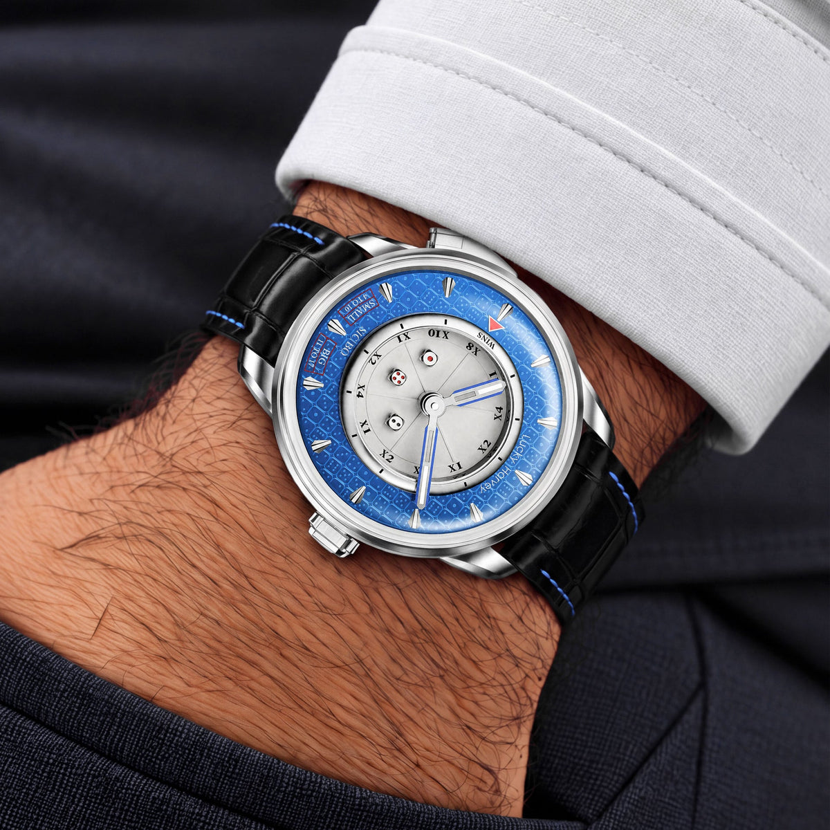 Lucky Harvey Sic Bo Blue — Worn on wrist with a shirt sleeve, available at IFL Watches.