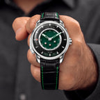 Lucky Harvey Sic Bo Green — Held in hand, showing the dice dial, available at IFL Watches.