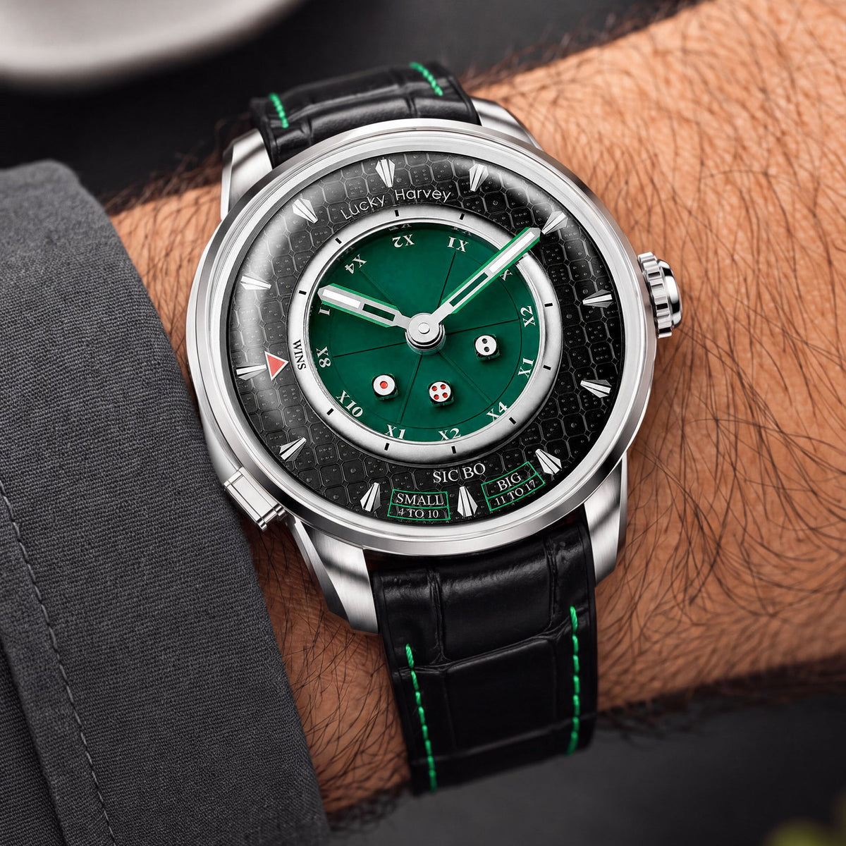 Lucky Harvey Sic Bo Green — Worn on wrist at an angle, showing the dice button, available at IFL Watches.