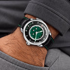 Lucky Harvey Sic Bo Green — Worn on wrist with a shirt sleeve, available at IFL Watches.