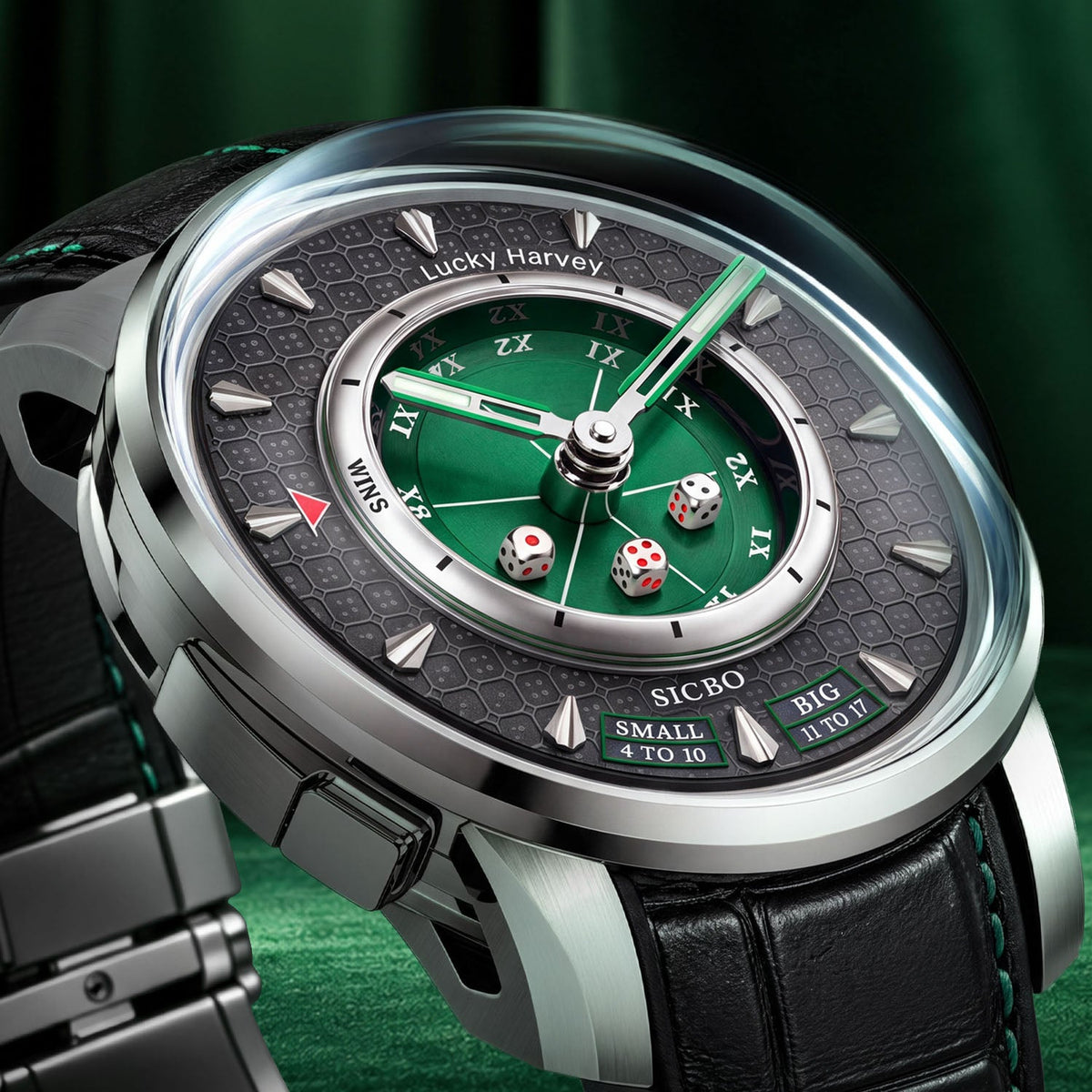 Lucky Harvey Sic Bo Green — Close angled view of the dice cup, embossed dial and dice button on the left flank, available at IFL Watches.