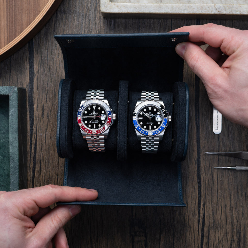 Navy Leather Watch Roll – Two Watches