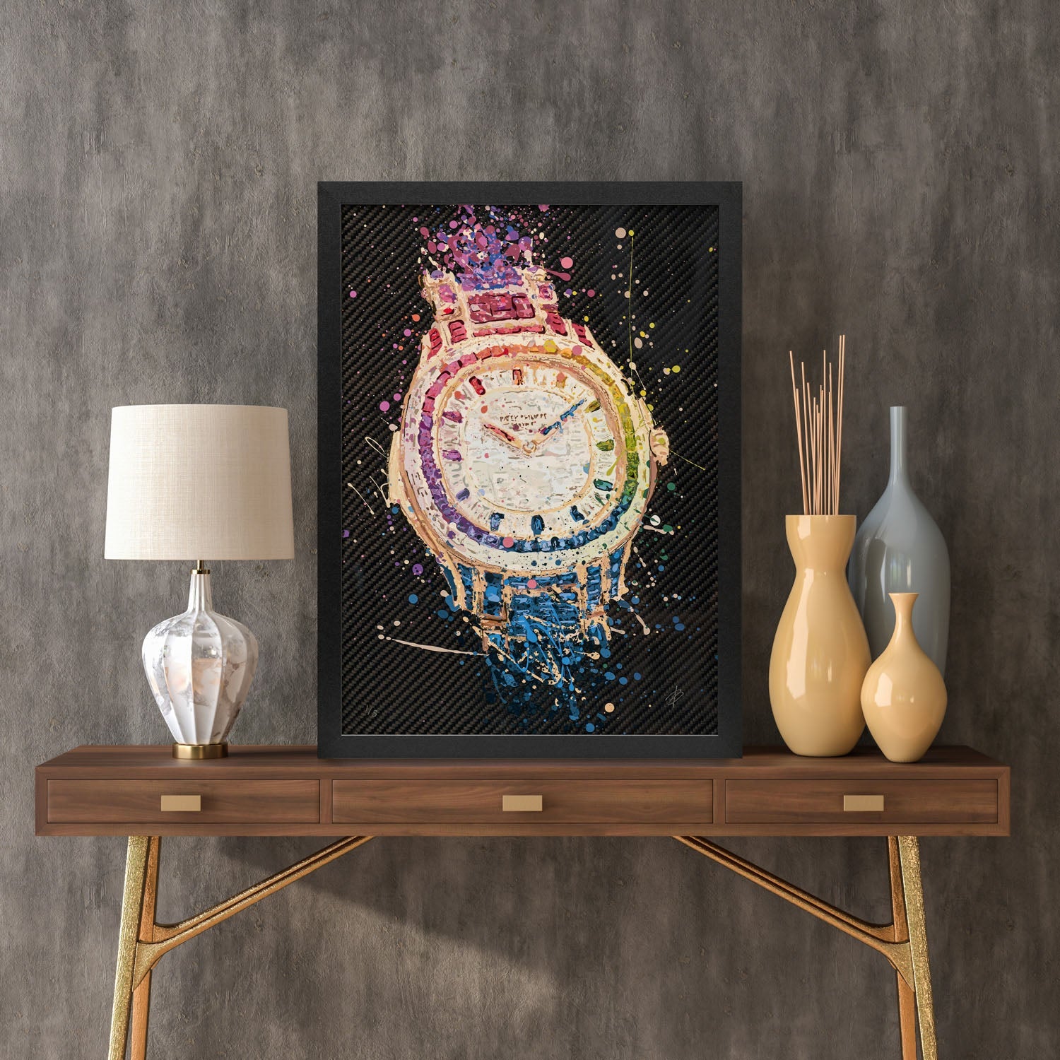Patek Philippe Baguette Rainbow – A hand-painted carbon fibre wall art by artist Katy Barnfield.
