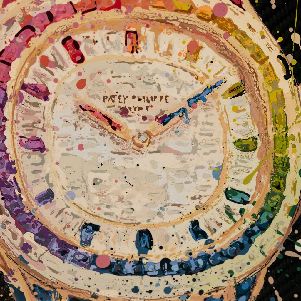 Patek Philippe Baguette Rainbow – A hand-painted carbon fibre wall art by artist Katy Barnfield.