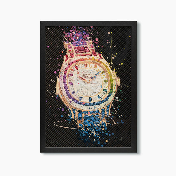 Patek Philippe Baguette Rainbow – A hand-painted carbon fibre wall art by artist Katy Barnfield