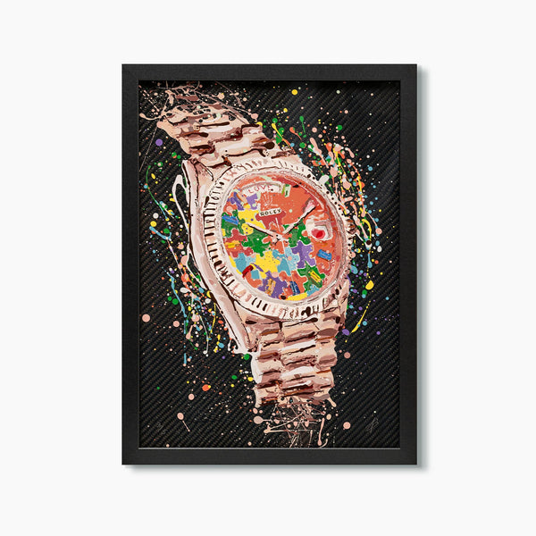 Rolex Day-Date President Puzzle – A hand-painted carbon fibre wall art by artist Katy Barnfield.