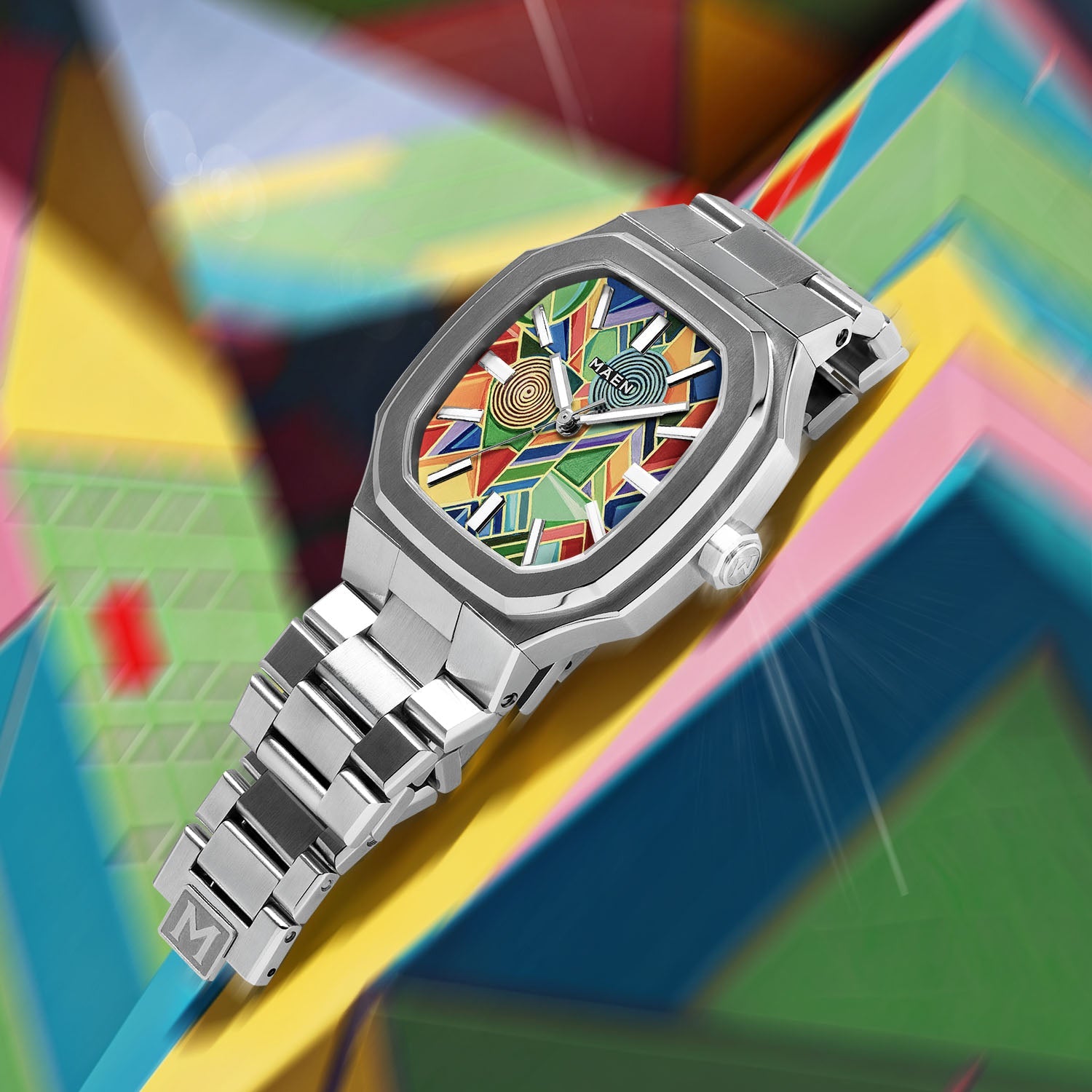 MAEN Manhattan Paradox — hand-painted geometric color-block dial with chevrons, mesh, and two concentric disks on a 37mm octagonal stainless steel case with integrated bracelet, limited edition timepiece by IFL Watches.