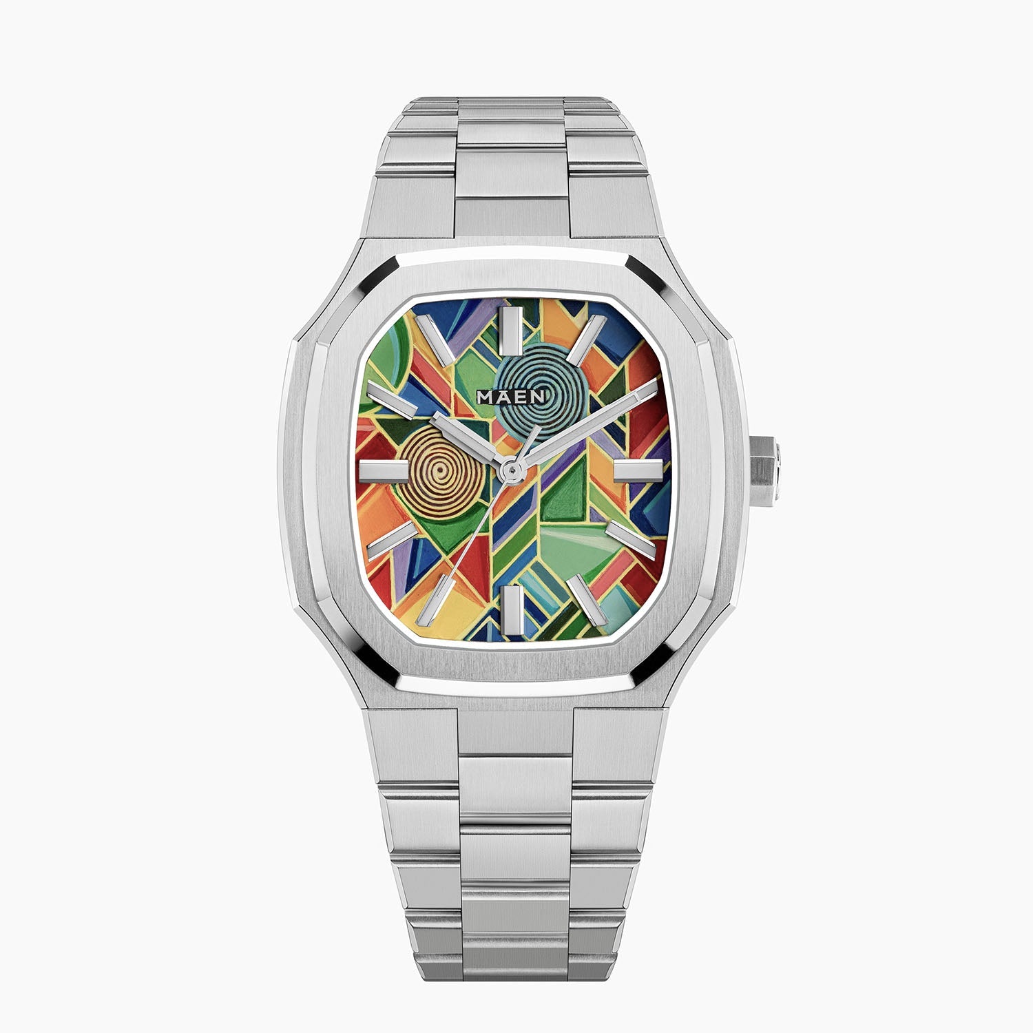 MAEN Manhattan Paradox — hand-painted geometric color-block dial with chevrons, mesh, and two concentric disks on a 37mm octagonal stainless steel case with integrated bracelet, limited edition timepiece by IFL Watches.