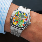 MAEN Manhattan Paradox — macro view of the hand-painted color blocks and two concentric disks across the dial, limited edition timepiece by IFL Watches.