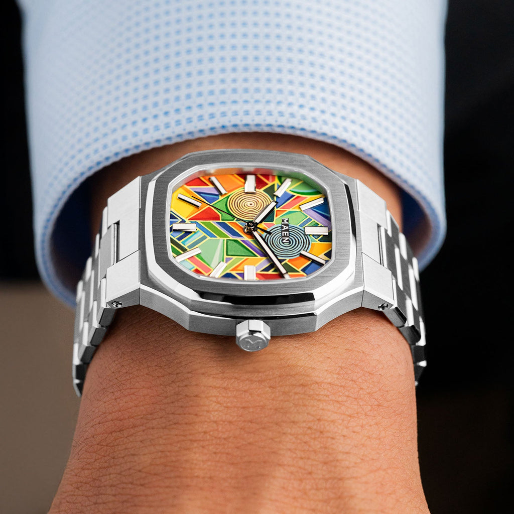 MAEN Manhattan Paradox on wrist — close-up of the hand-painted geometric dial and 37mm case, limited edition timepiece by IFL Watches.