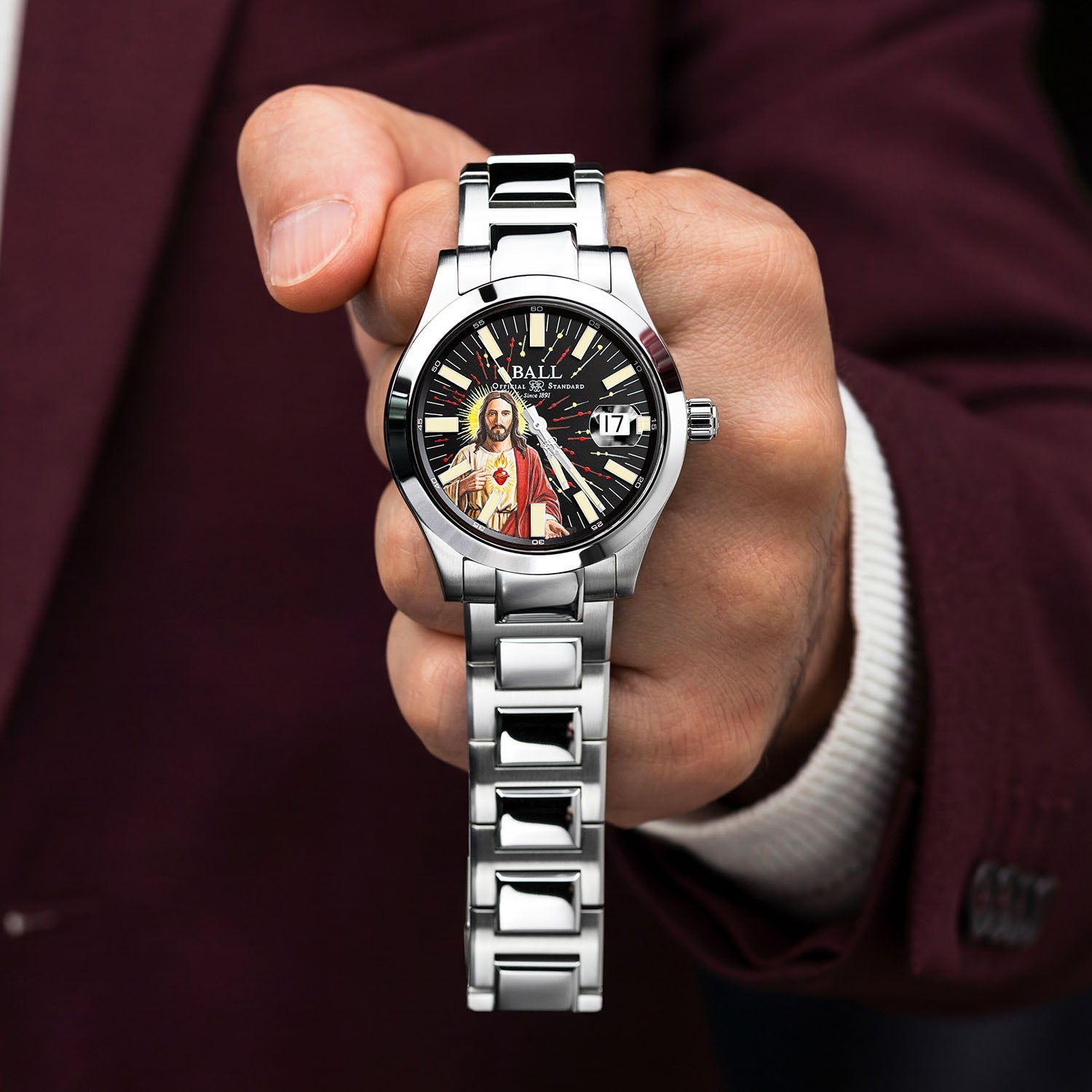 Ball Engineer M Ascension — Hand-painted Sacred Heart of Jesus dial on a 40mm Swiss chronometer with 904L bracelet, customized limited edition timepiece by IFL Watches.