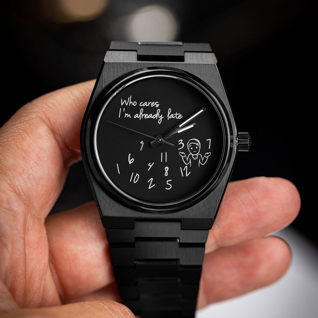 Canvax Who Cares Concept – Custom IFL Watches Canvax with scattered numerals and playful "Who cares, I'm already late" message artwork by IFL Watches