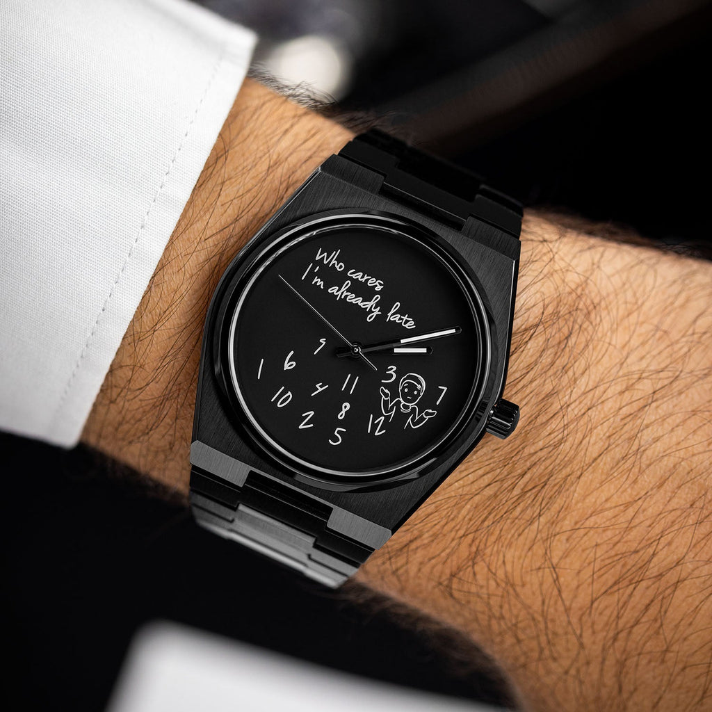 Canvax Who Cares Concept – Custom IFL Watches Canvax with scattered numerals and playful "Who cares, I'm already late" message artwork by IFL Watches