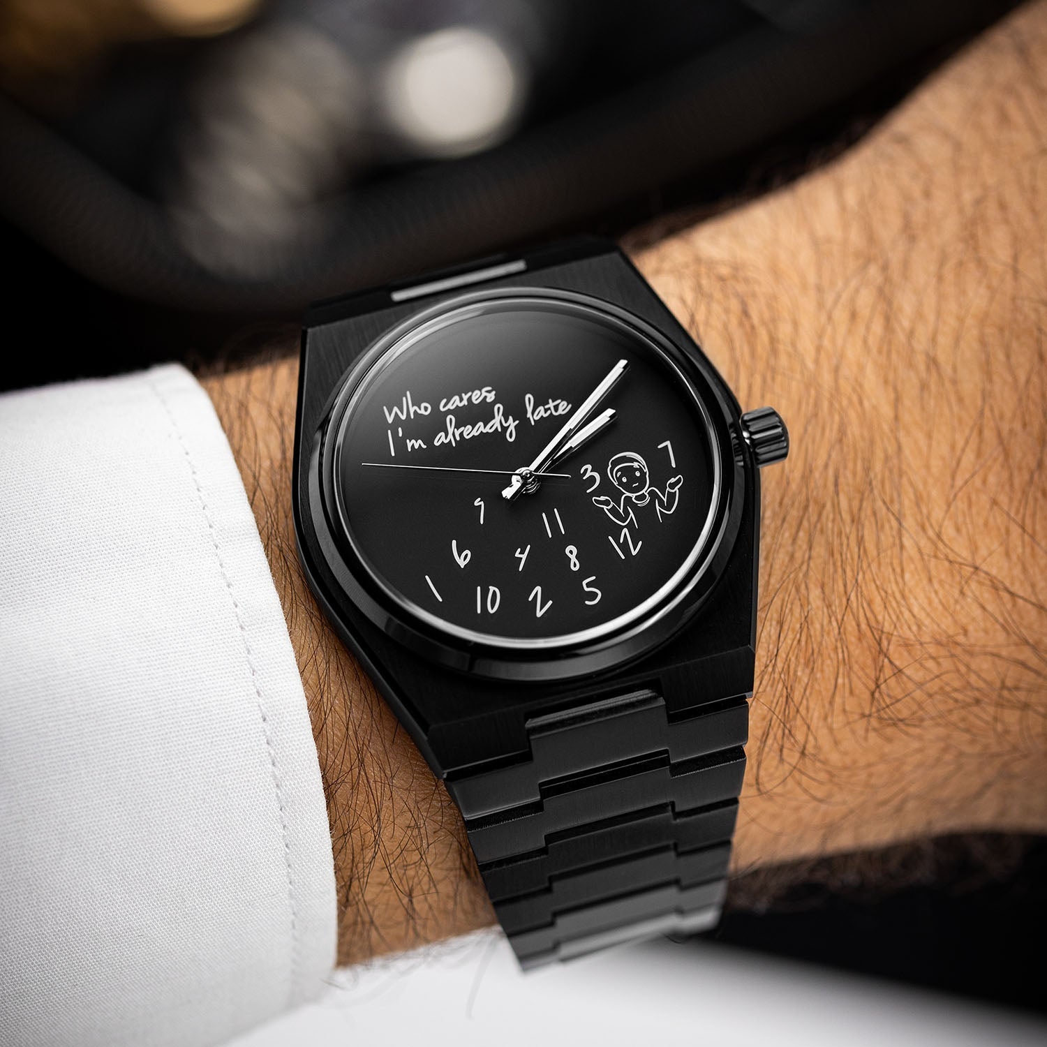 Canvax Who Cares Concept – Custom IFL Watches Canvax with scattered numerals and playful "Who cares, I'm already late" message artwork by IFL Watches