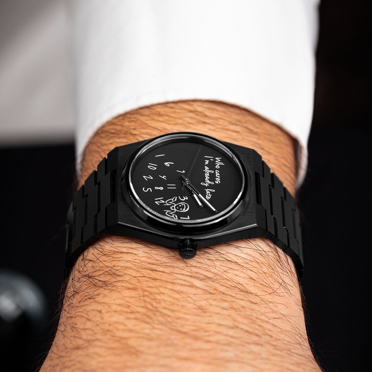 Canvax Who Cares Concept – Custom IFL Watches Canvax with scattered numerals and playful "Who cares, I'm already late" message artwork by IFL Watches