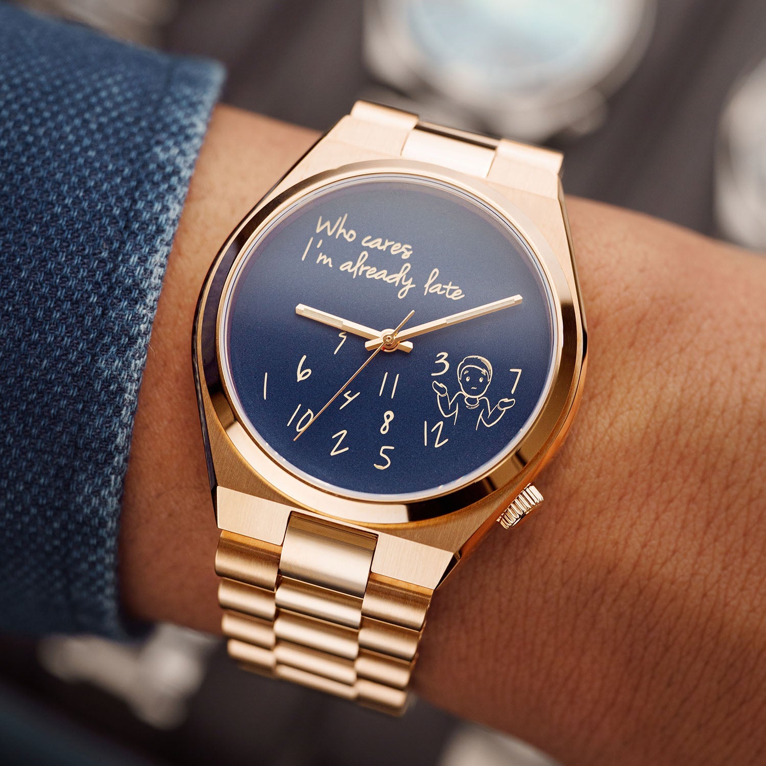 Tsuyosa Rose Gold Who Cares Concept – custom Citizen Tsuyosa with a rose gold-coated case and bracelet, featuring scattered numeral and playful message on the dial by IFL Watches.