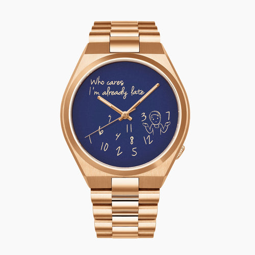Tsuyosa Rose Gold Who Cares Concept – custom Citizen Tsuyosa with a rose gold-coated case and bracelet, featuring scattered numeral and playful message on the dial by IFL Watches.