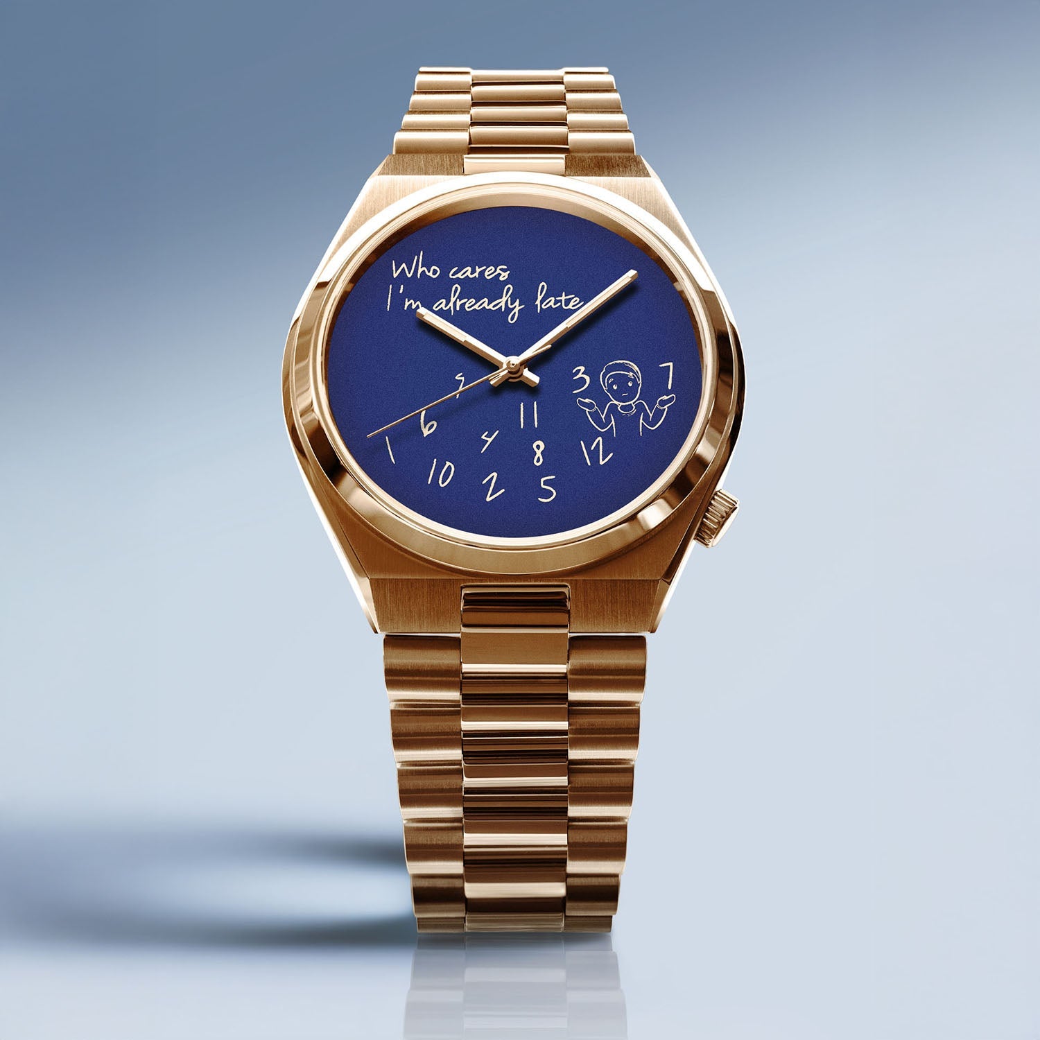 Tsuyosa Rose Gold Who Cares Concept – custom Citizen Tsuyosa with a rose gold-coated case and bracelet, featuring scattered numeral and playful message on the dial by IFL Watches.