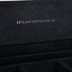 Stealth Camo Lifestyle Locker – handcrafted watch storage organizer with exclusive black camo pattern design, made from premium leather, close up of IFLWatches logo and suede lining