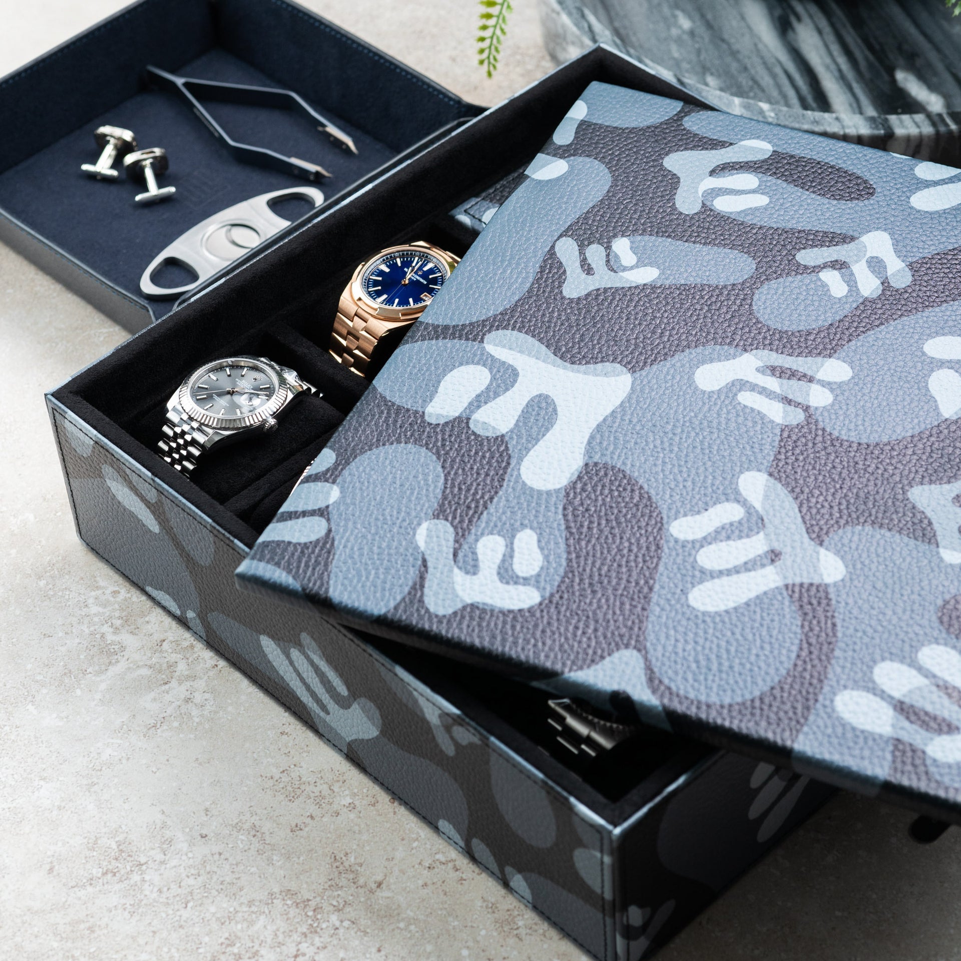 Stealth Camo Lifestyle Locker – handcrafted watch storage organizer with exclusive black camo pattern design, made from premium leather