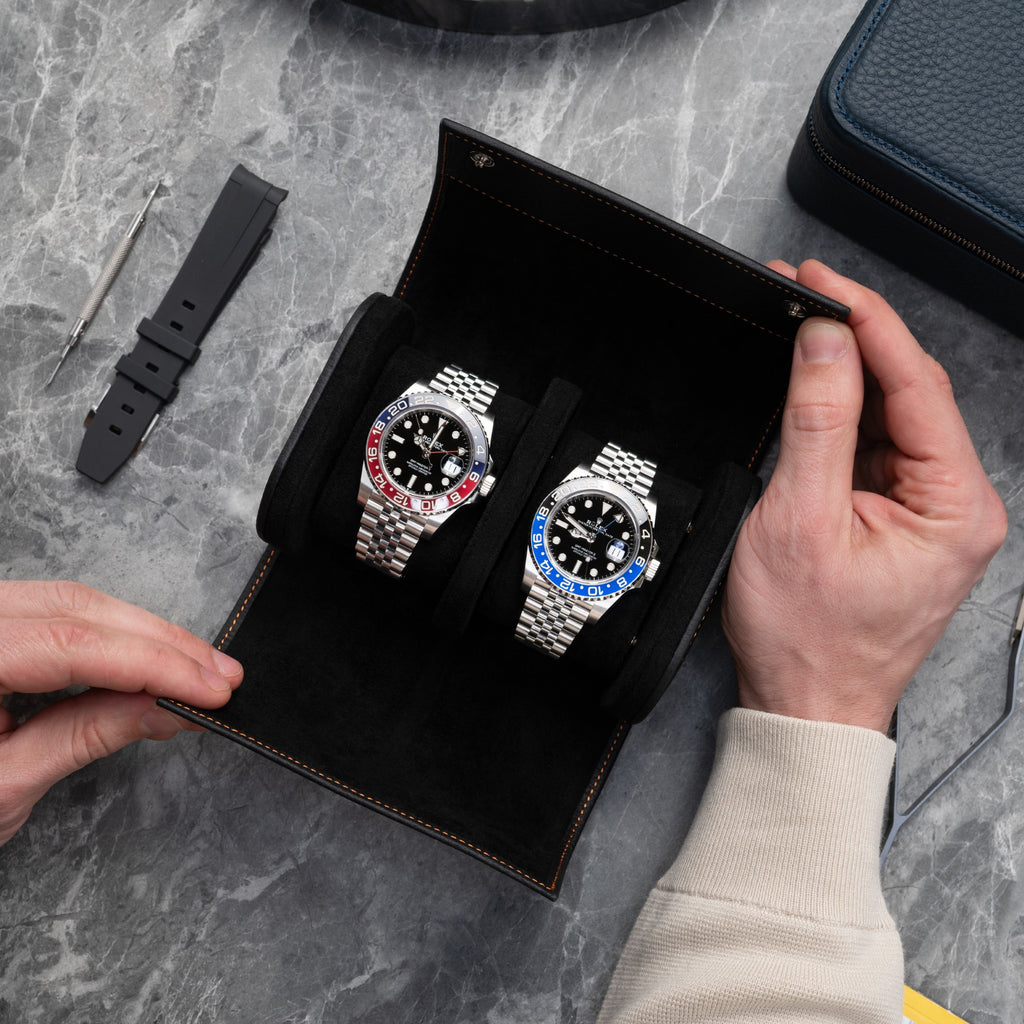 Noir Leather Watch Roll – Two Watches