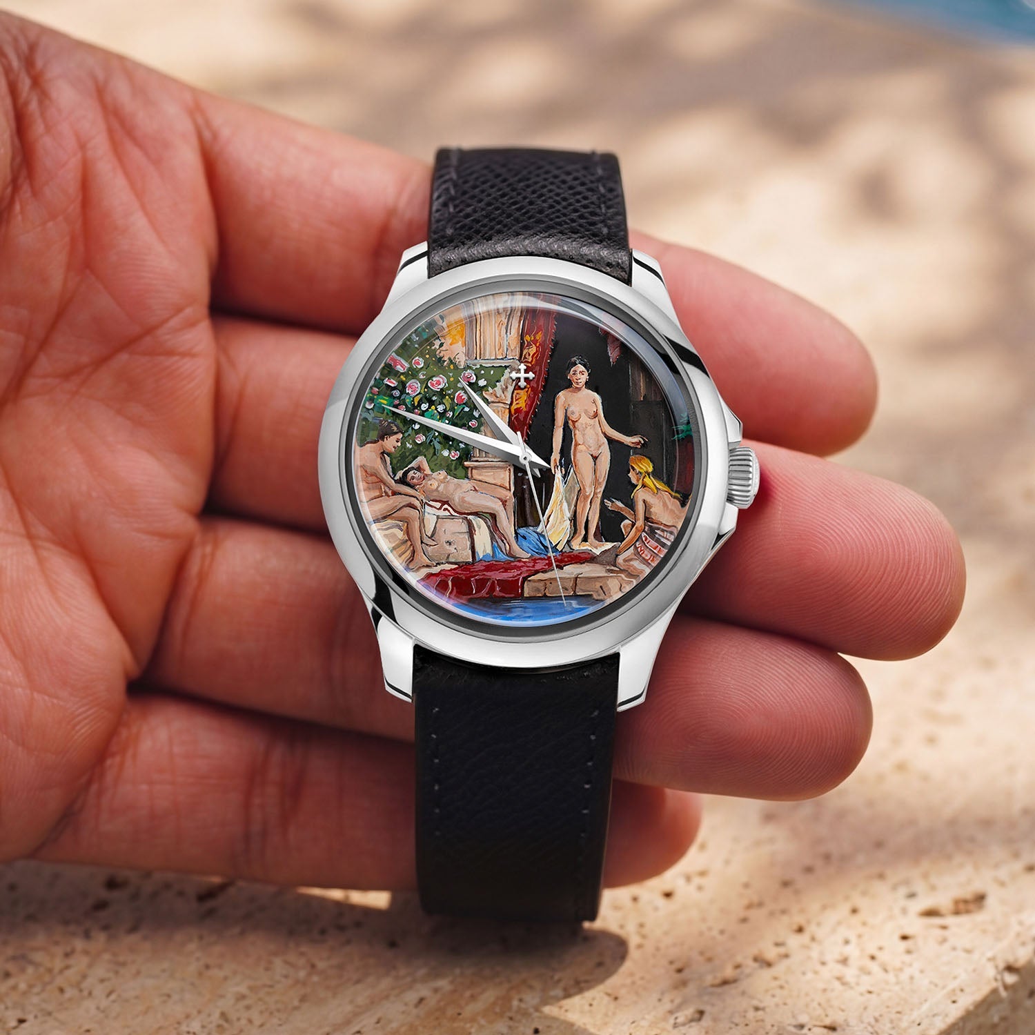 Venezianico Redentore L'Odalisca — hand-painted Mediterranean courtyard dial on a 40mm 316L stainless steel case with soft saffiano leather strap, limited edition timepiece by IFL Watches.