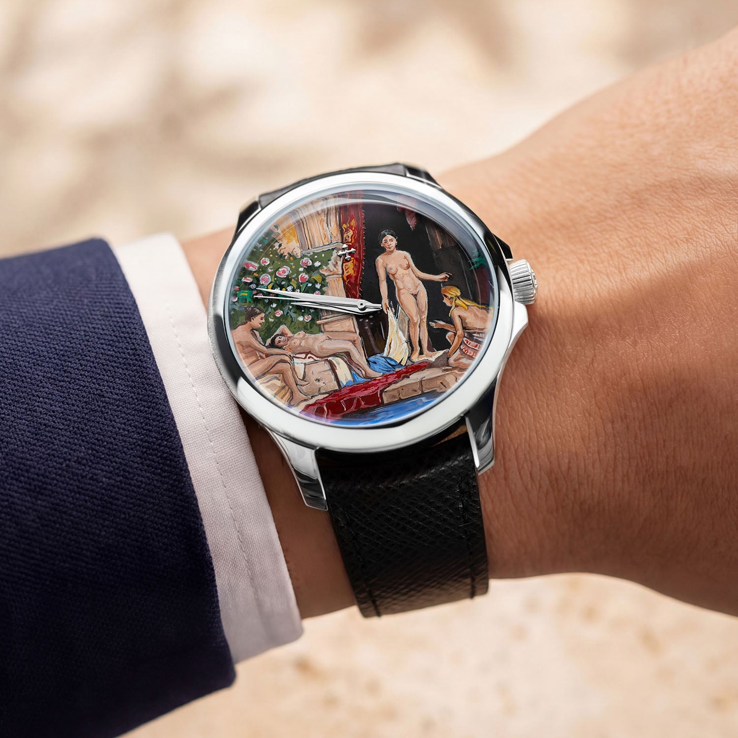 Venezianico Redentore L'Odalisca — hand-painted Mediterranean courtyard dial on a 40mm 316L stainless steel case with soft saffiano leather strap, limited edition timepiece by IFL Watches.